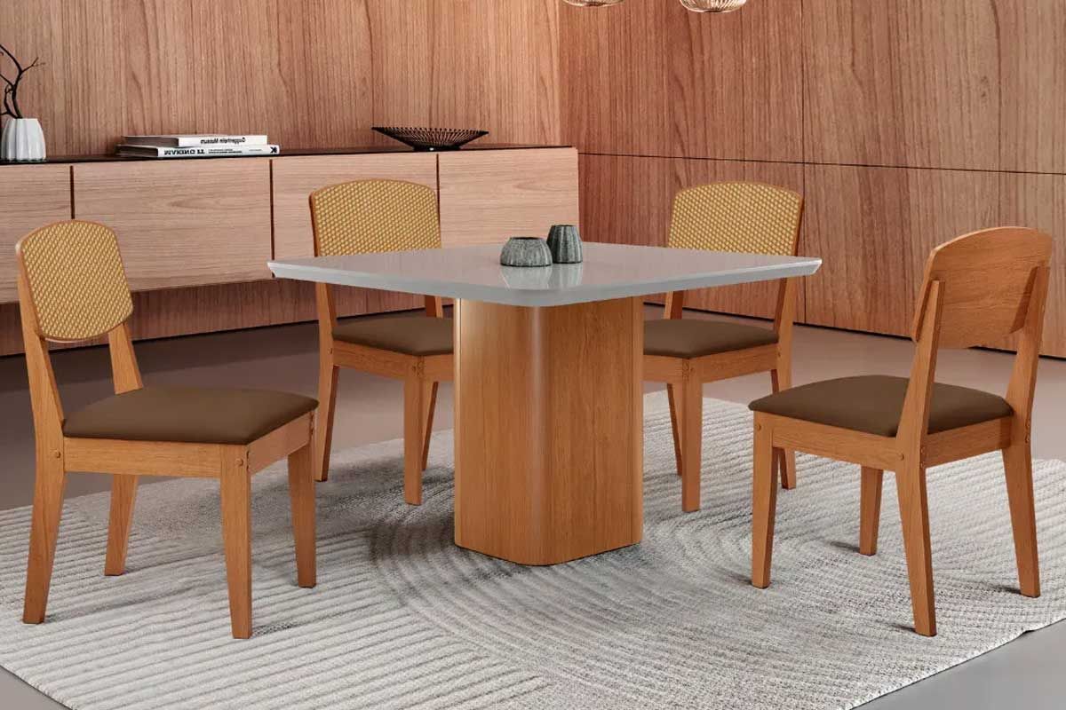 Sala Jantar Mesa Maldivas Tampo c/ Vidro Curvo 90cm+4 Cadeiras Havana - Rufato