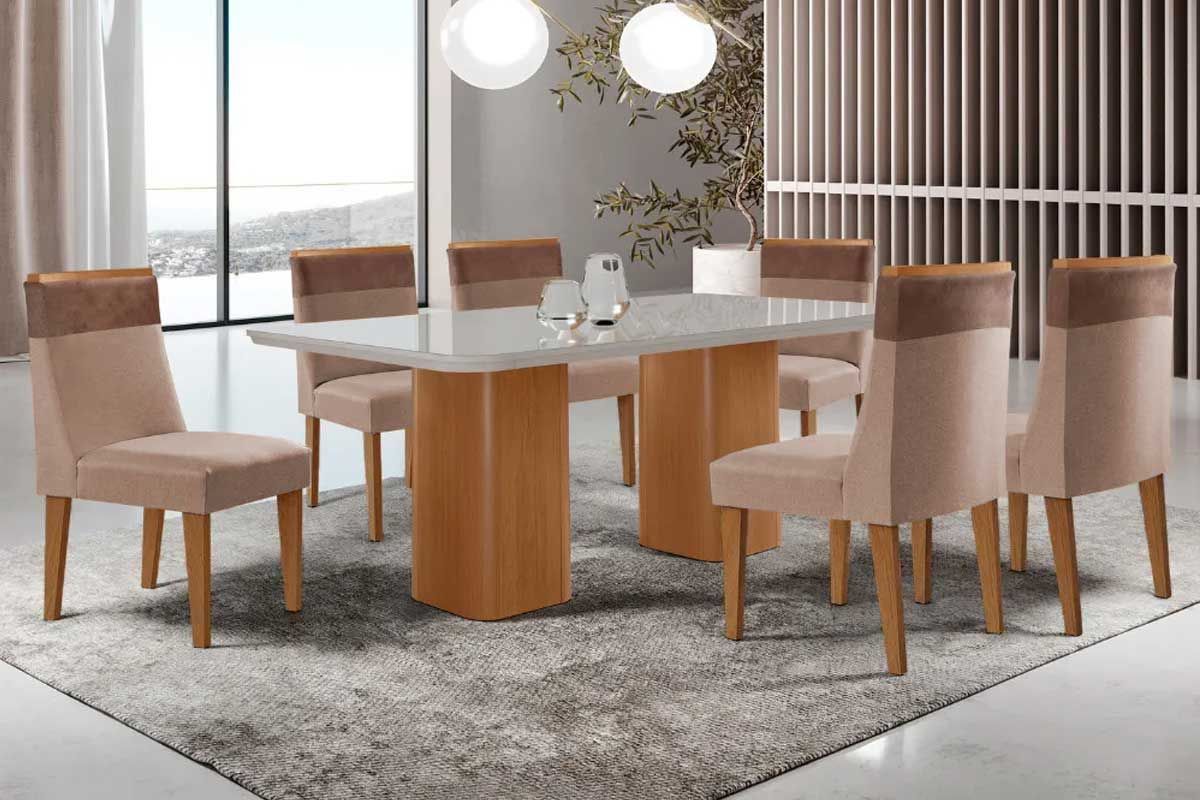 Sala Jantar Mesa Maldivas Tampo c/ Vidro Curvo 180cm+6 Cadeiras Jaspe Madeira - Rufato