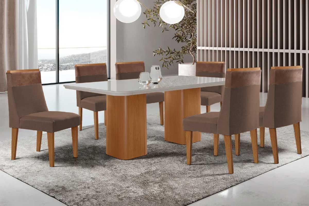 Sala Jantar Mesa Maldivas Tampo c/ Vidro Curvo 180cm+6 Cadeiras Jaspe Madeira - Rufato