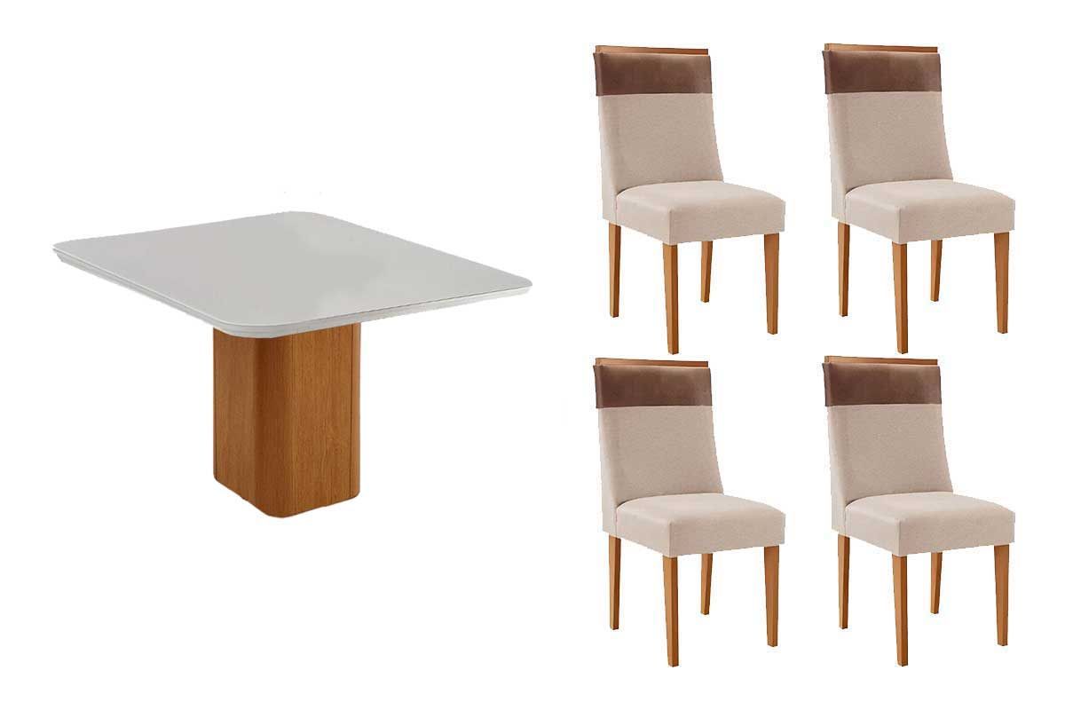 Sala Jantar Mesa Maldivas Tampo c/ Vidro Curvo 90cm+4 Cadeiras Jaspe Madeira - Rufato