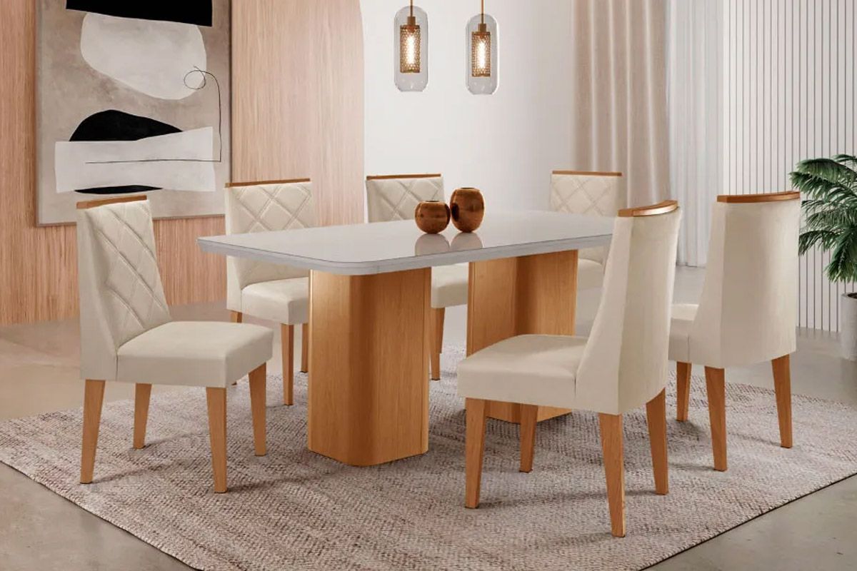 Sala Jantar Mesa Maldivas Tampo c/ Vidro Curvo 180cm+6 Cadeiras Pietá Madeira - Rufato