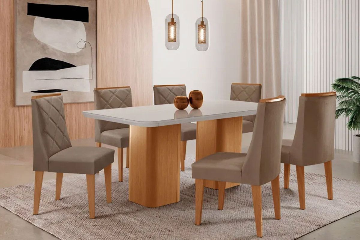 Sala Jantar Mesa Maldivas Tampo c/ Vidro Curvo 180cm+6 Cadeiras Pietá Madeira - Rufato
