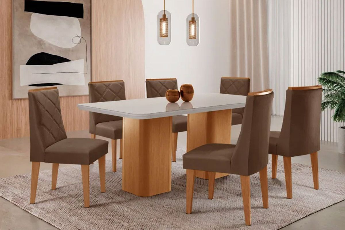 Sala Jantar Mesa Maldivas Tampo c/ Vidro Curvo 180cm+6 Cadeiras Pietá Madeira - Rufato