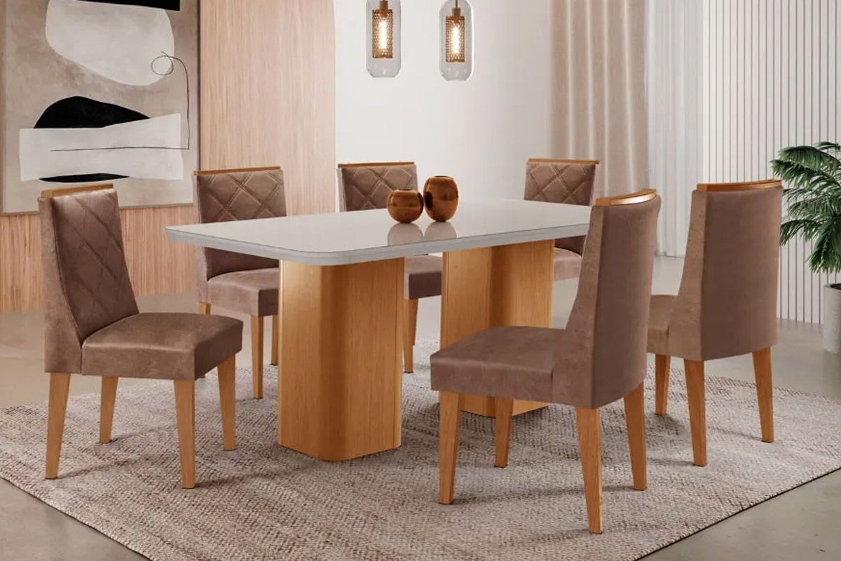Sala Jantar Mesa Maldivas Tampo c/ Vidro Curvo 180cm+6 Cadeiras Pietá Madeira - Rufato