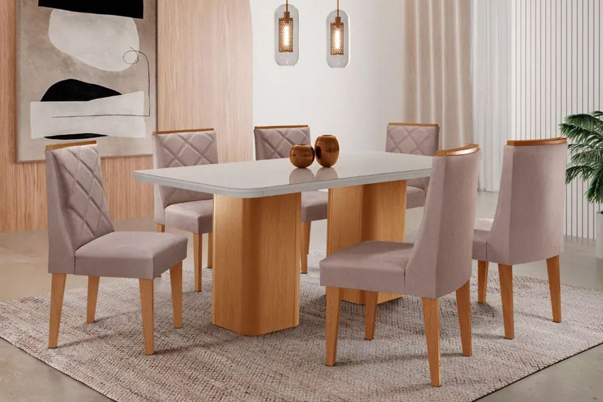Sala Jantar Mesa Maldivas Tampo c/ Vidro Curvo 180cm+6 Cadeiras Pietá Madeira - Rufato