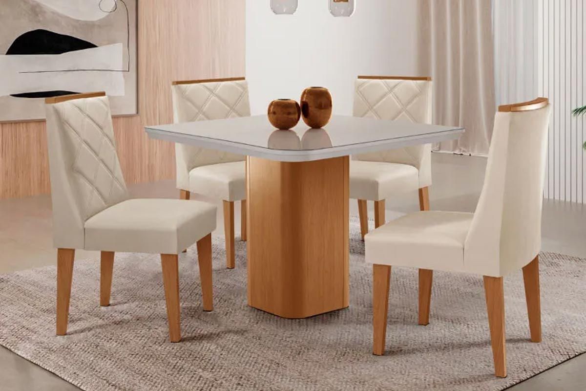 Sala Jantar Mesa Maldivas Tampo c/ Vidro Curvo 90cm+4 Cadeiras Pietá Madeira - Rufato