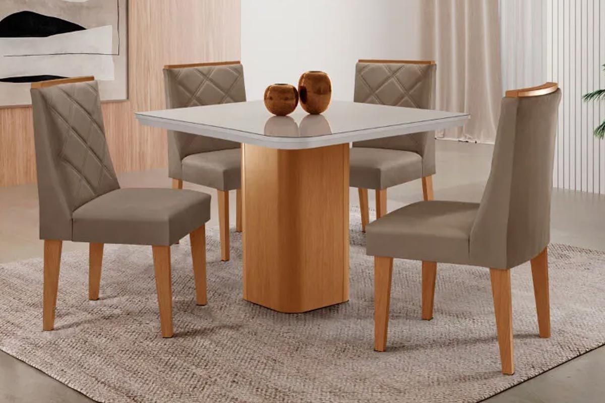 Sala Jantar Mesa Maldivas Tampo c/ Vidro Curvo 90cm+4 Cadeiras Pietá Madeira - Rufato
