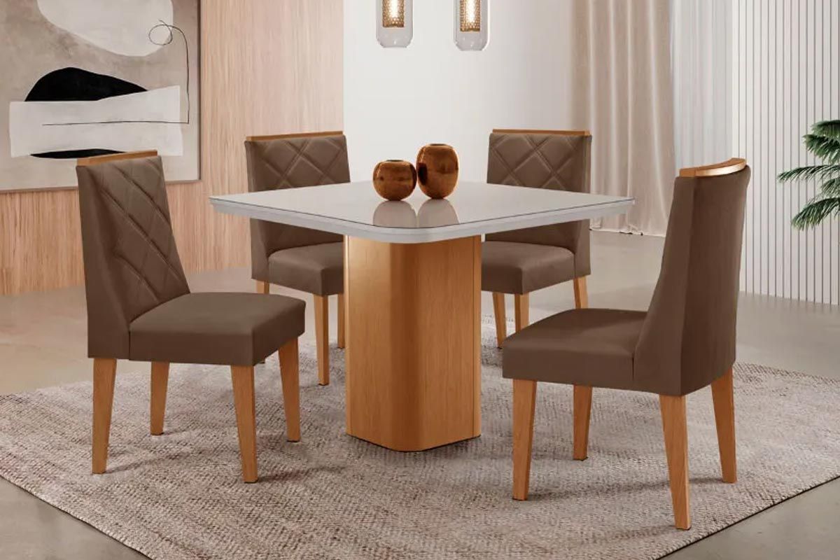 Sala Jantar Mesa Maldivas Tampo c/ Vidro Curvo 90cm+4 Cadeiras Pietá Madeira - Rufato