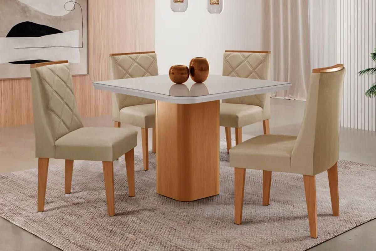 Sala Jantar Mesa Maldivas Tampo c/ Vidro Curvo 90cm+4 Cadeiras Pietá Madeira - Rufato