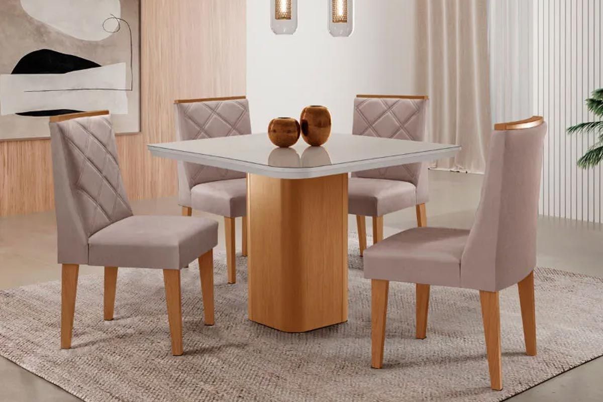 Sala Jantar Mesa Maldivas Tampo c/ Vidro Curvo 90cm+4 Cadeiras Pietá Madeira - Rufato