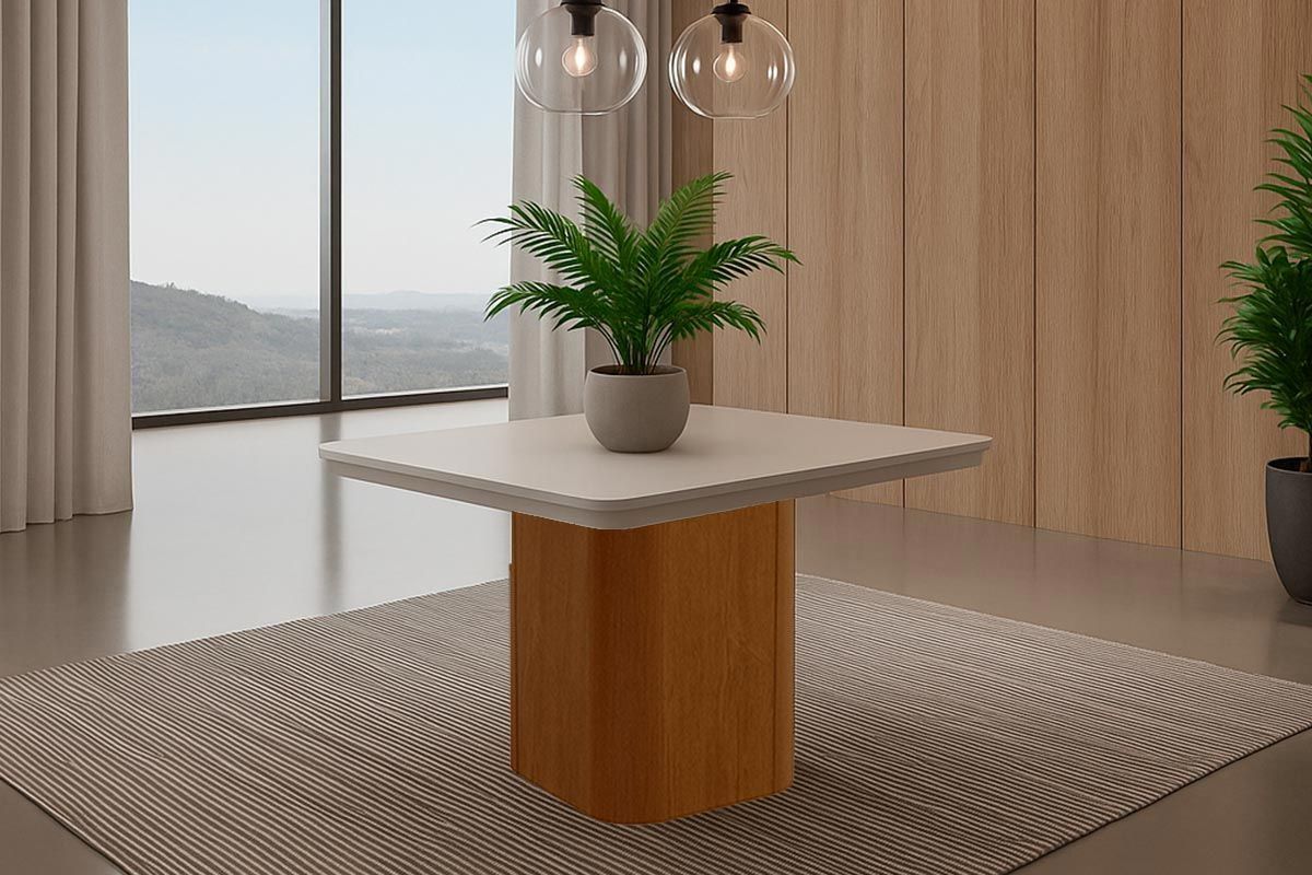 Sala Jantar Mesa Maldivas Tampo c/ Vidro Curvo 90cm+4 Cadeiras Pietá Madeira - Rufato