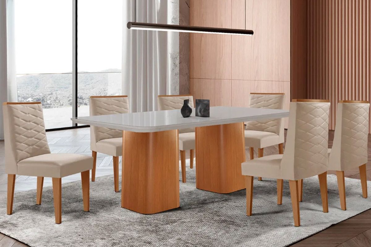 Sala Jantar Mesa Maldivas Tampo c/ Vidro Curvo 180cm+6 Cadeiras Dafne Madeira - Rufato