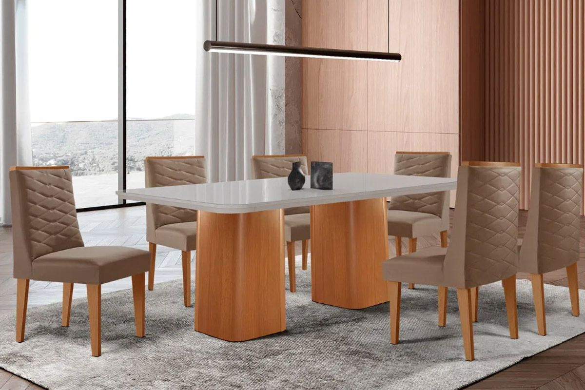 Sala Jantar Mesa Maldivas Tampo c/ Vidro Curvo 180cm+6 Cadeiras Dafne Madeira - Rufato