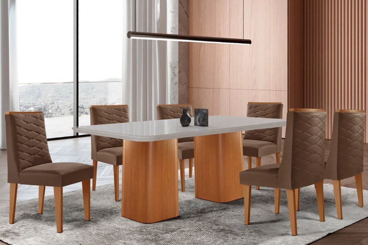 Sala Jantar Mesa Maldivas Tampo c/ Vidro Curvo 180cm+6 Cadeiras Dafne Madeira - Rufato