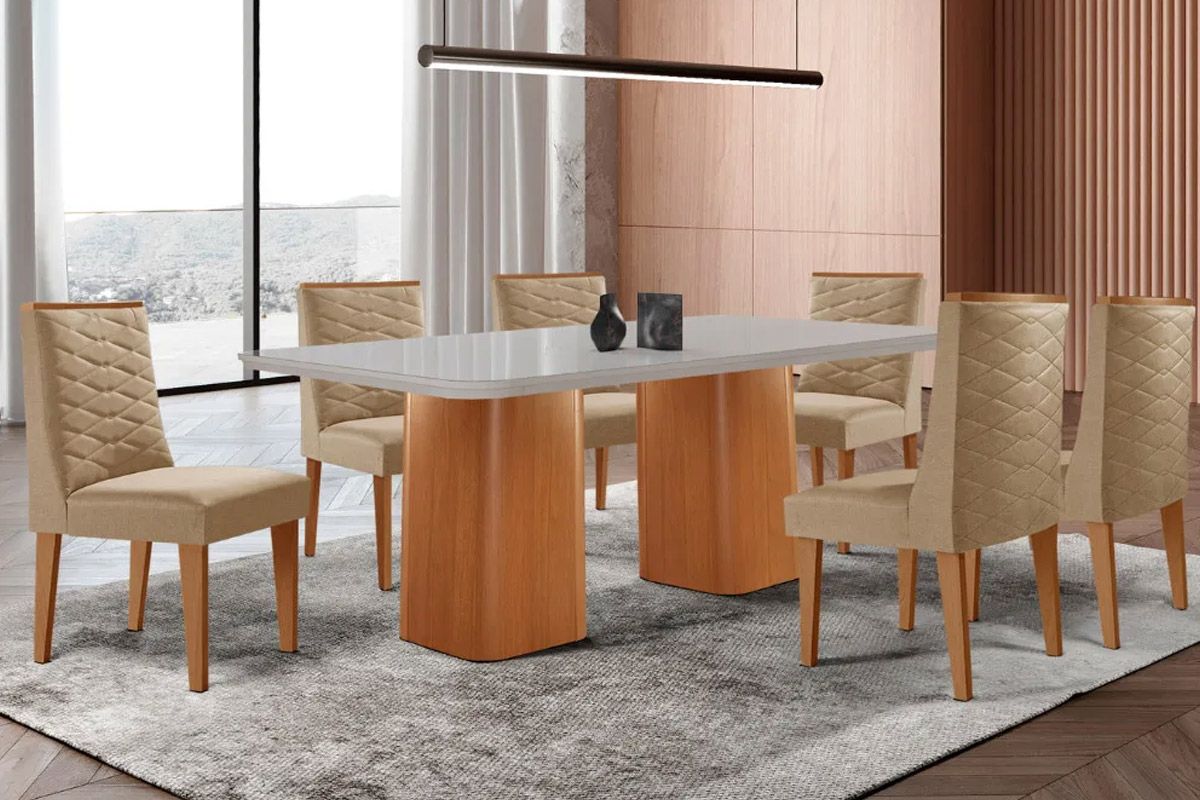 Sala Jantar Mesa Maldivas Tampo c/ Vidro Curvo 180cm+6 Cadeiras Dafne Madeira - Rufato
