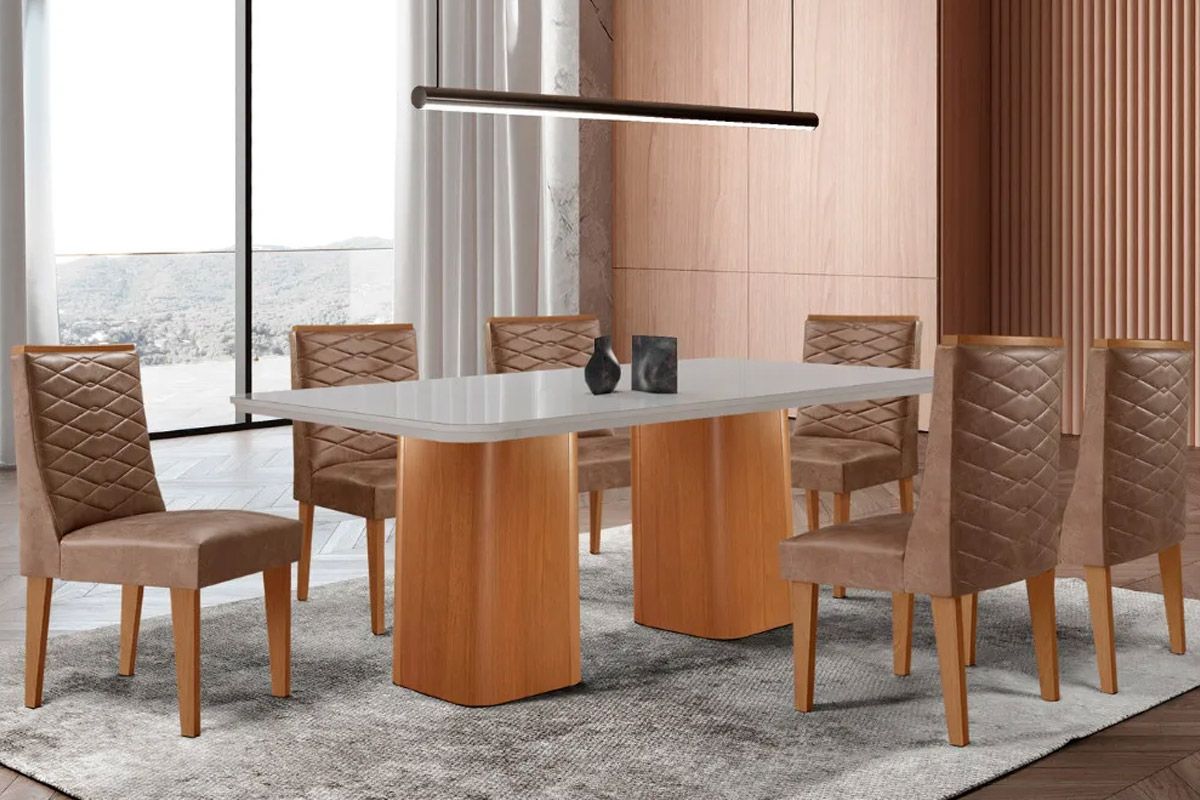 Sala Jantar Mesa Maldivas Tampo c/ Vidro Curvo 180cm+6 Cadeiras Dafne Madeira - Rufato