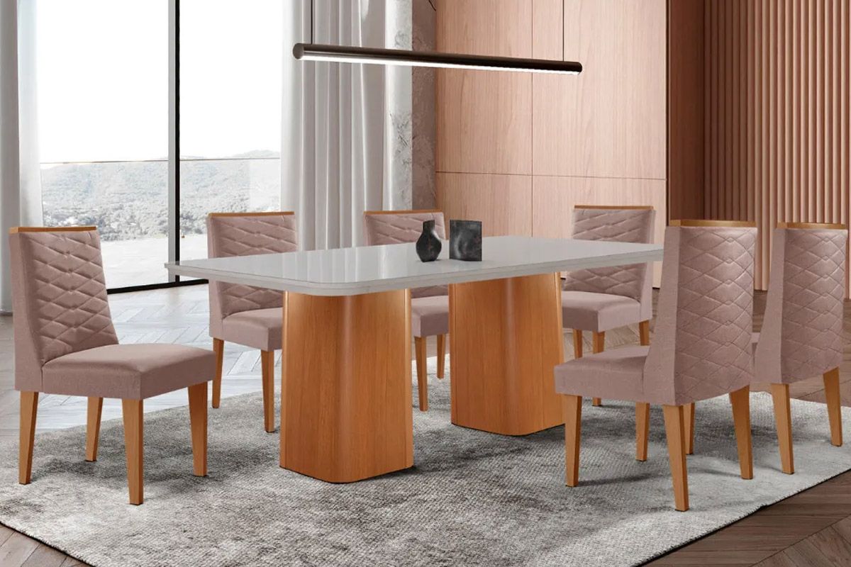 Sala Jantar Mesa Maldivas Tampo c/ Vidro Curvo 180cm+6 Cadeiras Dafne Madeira - Rufato