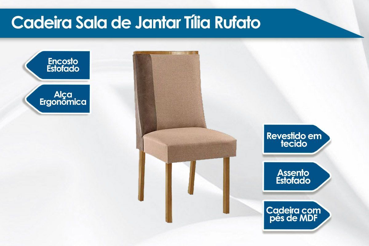 Sala Jantar Mesa Maldivas Tampo c/ Vidro Curvo 180cm+6 Cadeiras Tilia Madeira - Rufato