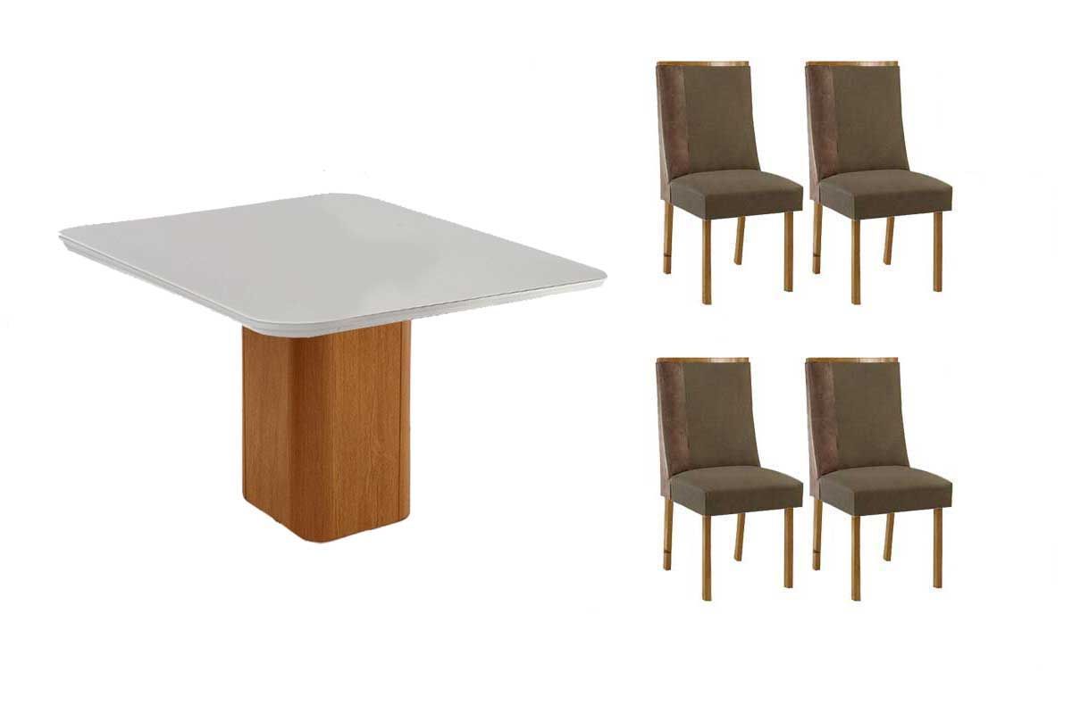 Sala Jantar Mesa Maldivas Tampo c/ Vidro Curvo 90cm+4 Cadeiras Tilia Madeira - Rufato