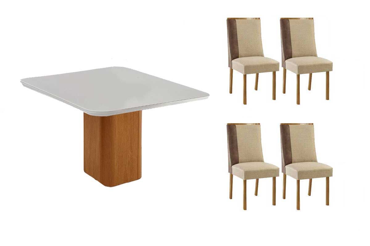 Sala Jantar Mesa Maldivas Tampo c/ Vidro Curvo 90cm+4 Cadeiras Tilia Madeira - Rufato