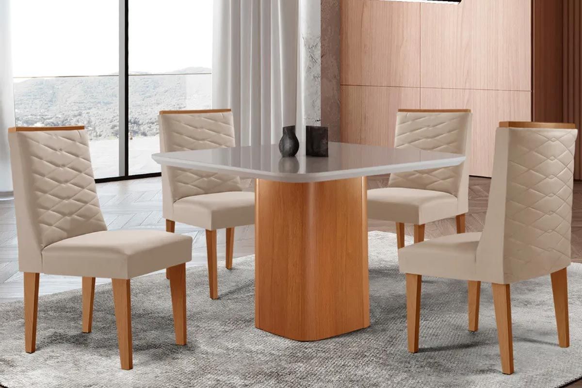 Sala Jantar Mesa Maldivas Tampo c/ Vidro Curvo 90cm+4 Cadeiras Dafne Madeira - Rufato