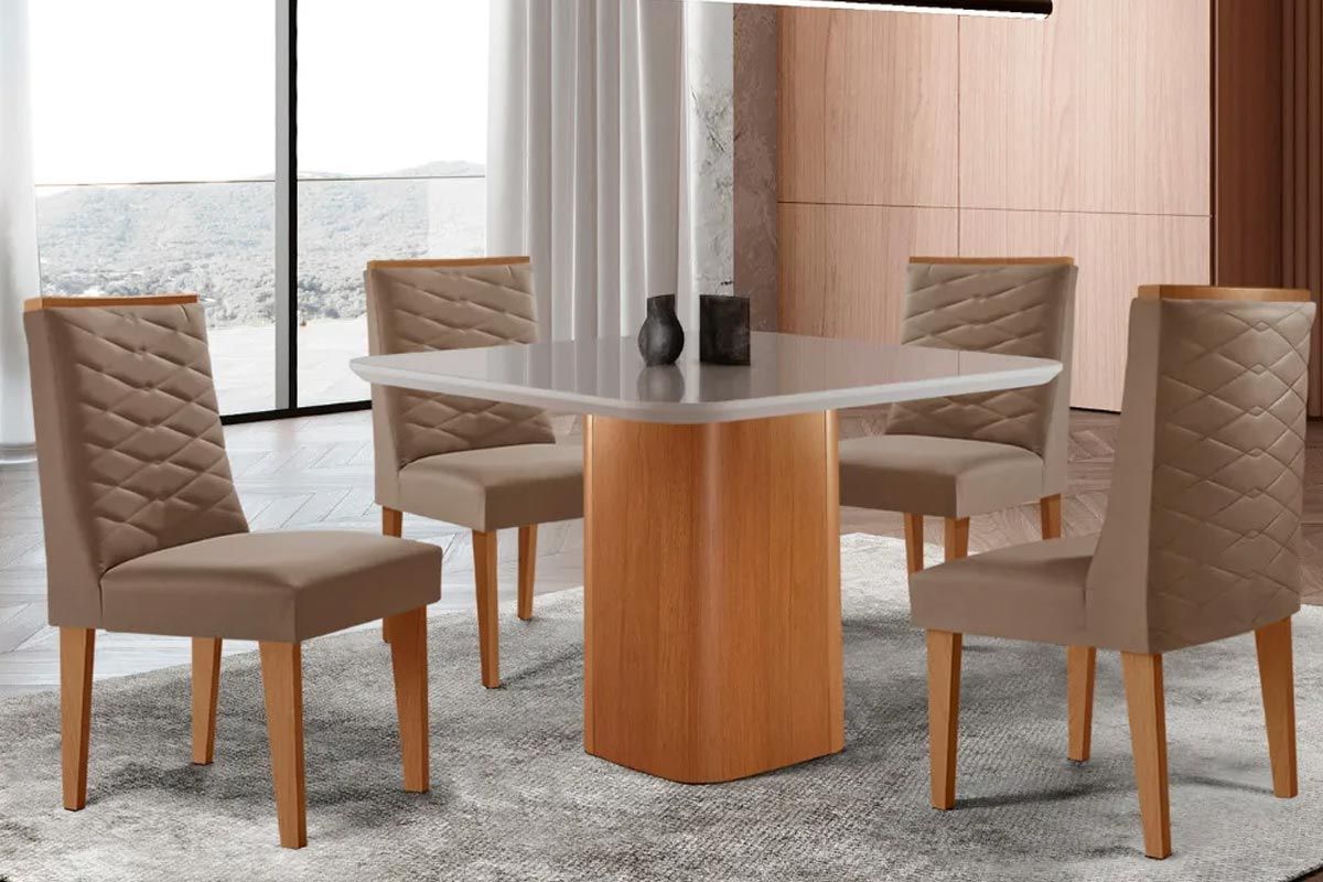 Sala Jantar Mesa Maldivas Tampo c/ Vidro Curvo 90cm+4 Cadeiras Dafne Madeira - Rufato