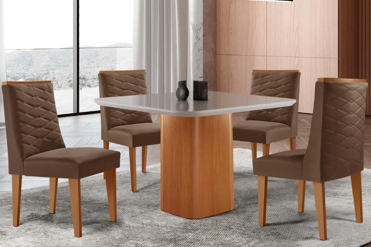 Sala Jantar Mesa Maldivas Tampo c/ Vidro Curvo 90cm+4 Cadeiras Dafne Madeira - Rufato