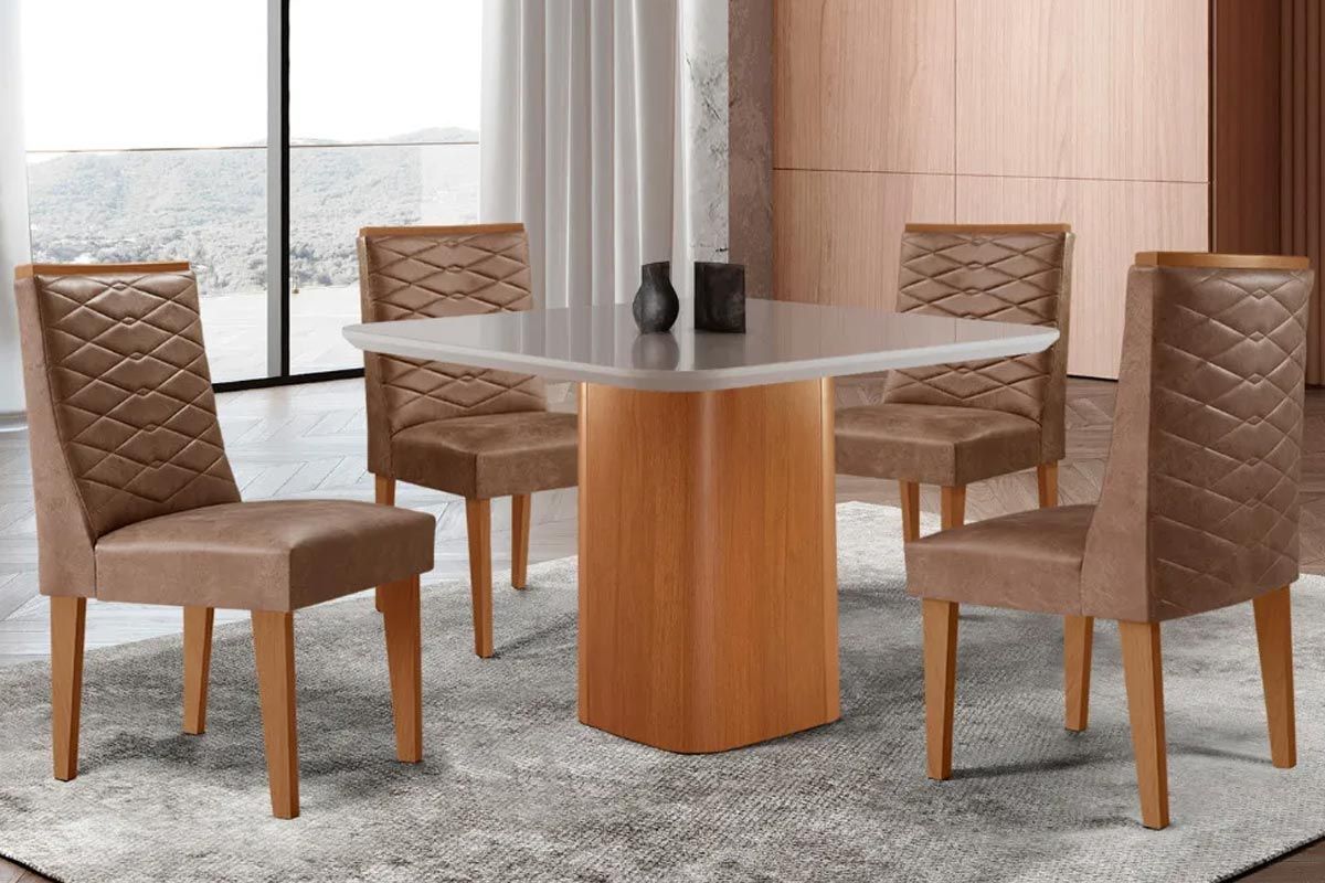 Sala Jantar Mesa Maldivas Tampo c/ Vidro Curvo 90cm+4 Cadeiras Dafne Madeira - Rufato