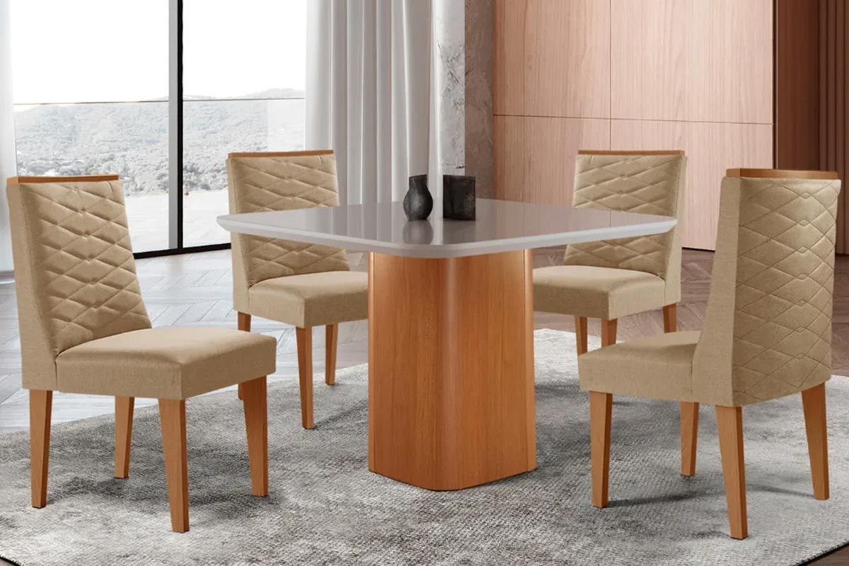 Sala Jantar Mesa Maldivas Tampo c/ Vidro Curvo 90cm+4 Cadeiras Dafne Madeira - Rufato
