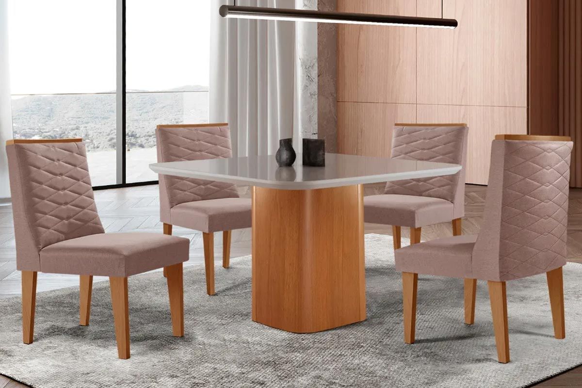 Sala Jantar Mesa Maldivas Tampo c/ Vidro Curvo 90cm+4 Cadeiras Dafne Madeira - Rufato