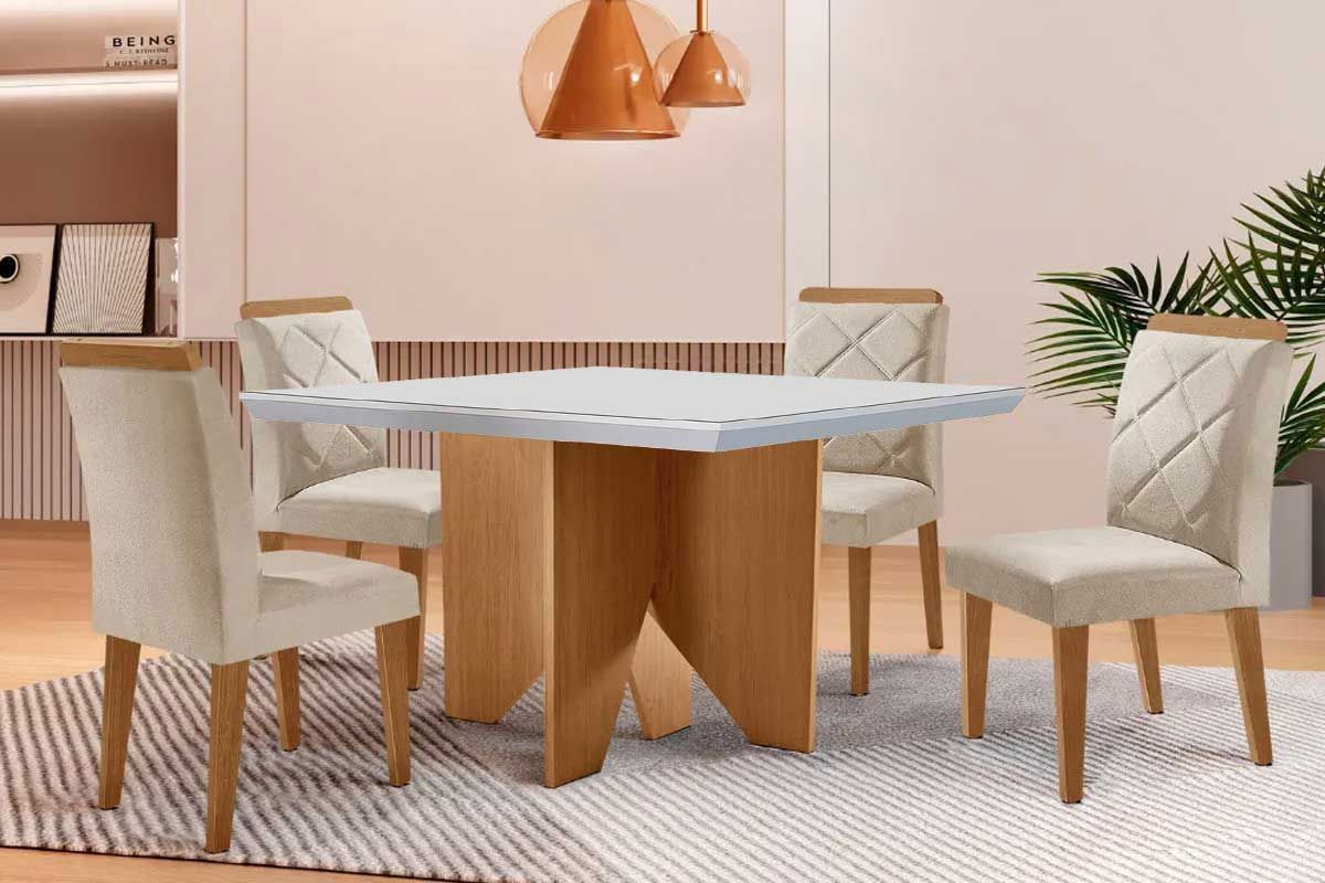 Sala Jantar Mesa Nevada Tampo c/ Vidro Curvo 90cm+4 Cadeiras Pietá Madeira - Rufato