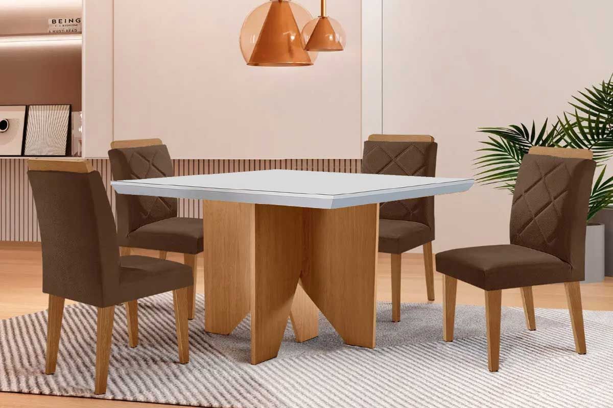 Sala Jantar Mesa Nevada Tampo c/ Vidro Curvo 90cm+4 Cadeiras Pietá Madeira - Rufato