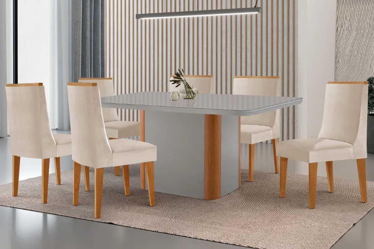 Sala Jantar Mesa Pietá Tampo c/ Vidro Curvo 180cm+6 Cadeiras Dakota - Rufato