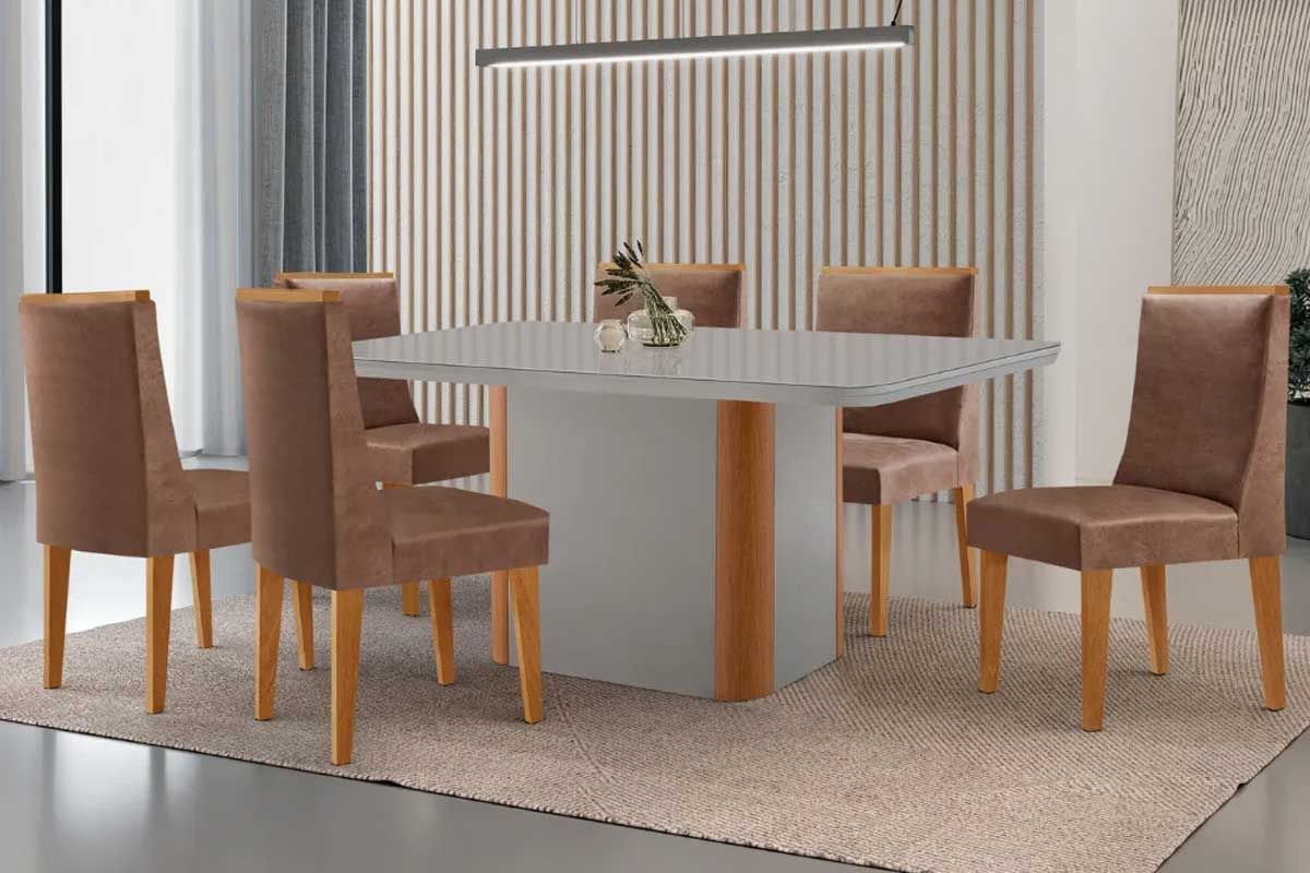 Sala Jantar Mesa Pietá Tampo c/ Vidro Curvo 180cm+6 Cadeiras Dakota - Rufato