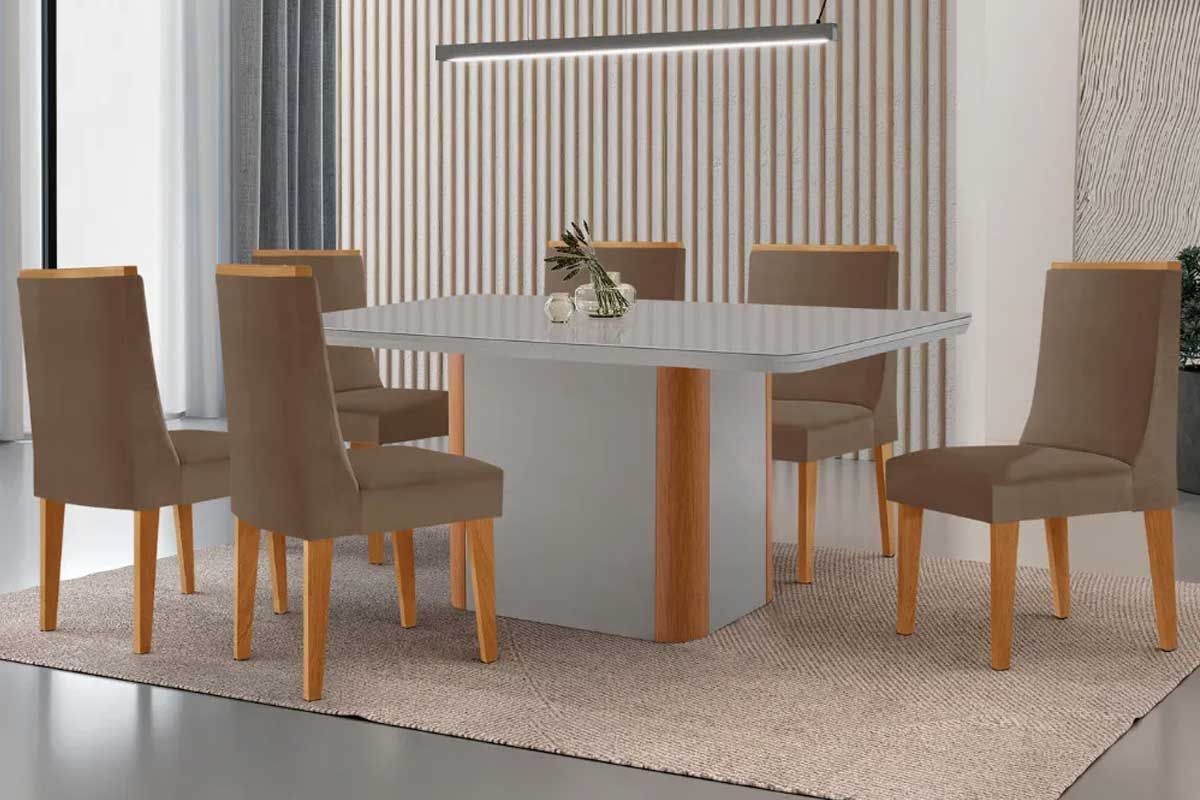 Sala Jantar Mesa Pietá Tampo c/ Vidro Curvo 180cm+6 Cadeiras Dakota - Rufato