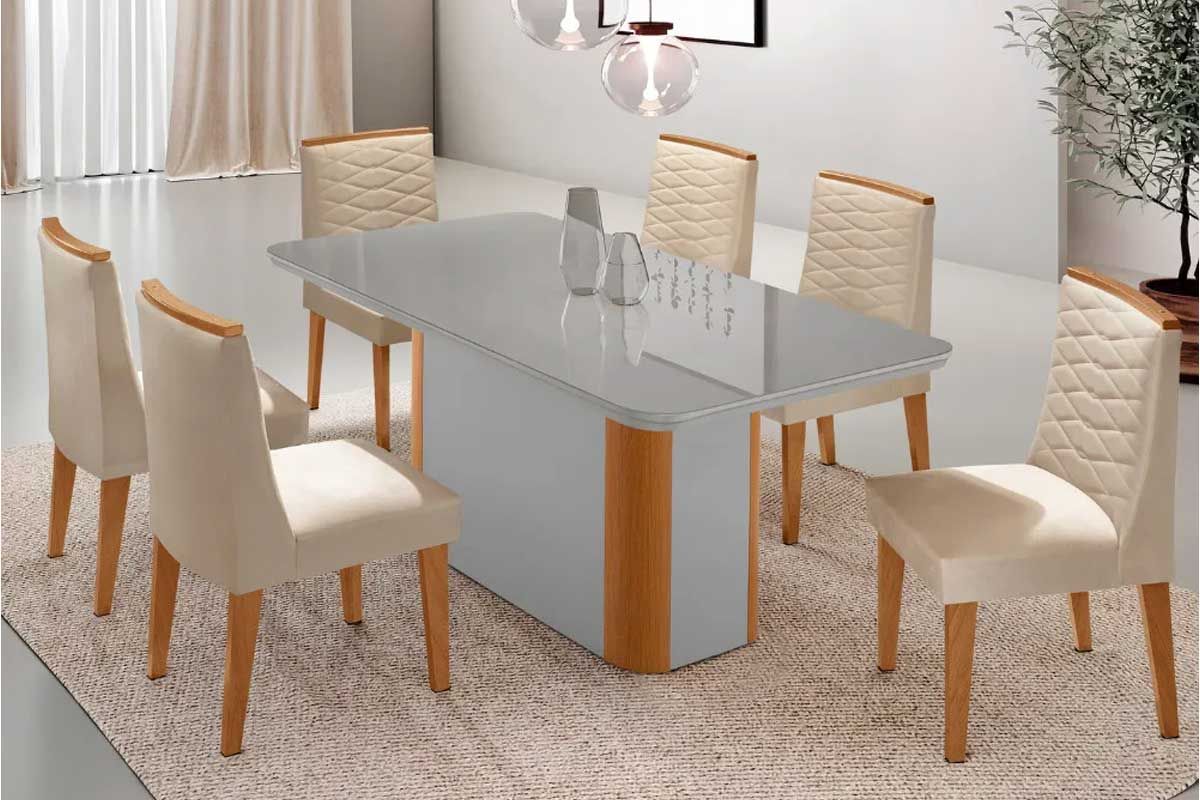 Sala Jantar Mesa Pietá c/ Tampo Madeirado c/ Vidro Canto Curvo 180x90cm e 6 Cadeiras Maldivas - Rufato