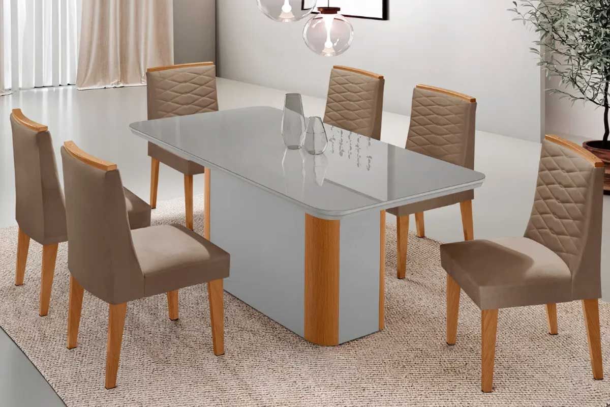 Sala Jantar Mesa Pietá c/ Tampo Madeirado c/ Vidro Canto Curvo 180x90cm e 6 Cadeiras Maldivas - Rufato