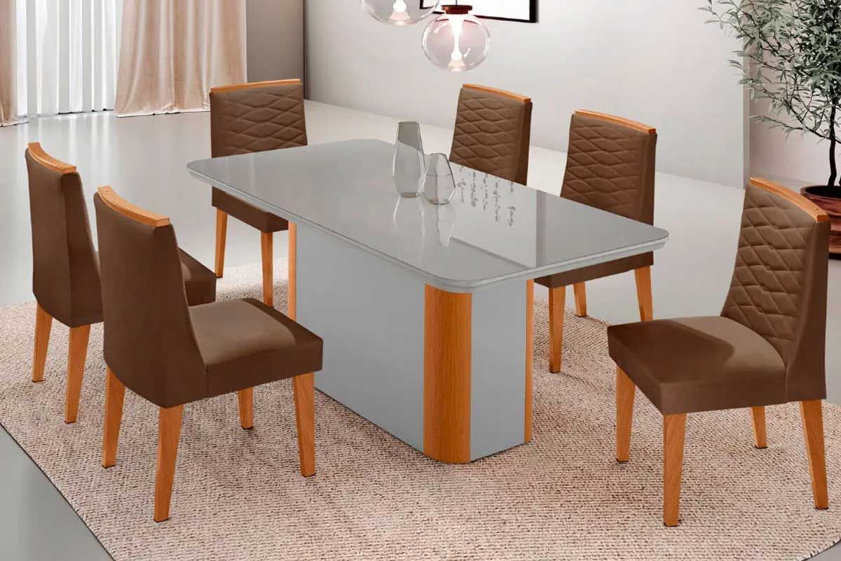 Sala Jantar Mesa Pietá c/ Tampo Madeirado c/ Vidro Canto Curvo 180x90cm e 6 Cadeiras Maldivas - Rufato