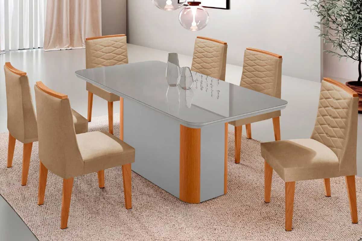 Sala Jantar Mesa Pietá c/ Tampo Madeirado c/ Vidro Canto Curvo 180x90cm e 6 Cadeiras Maldivas - Rufato