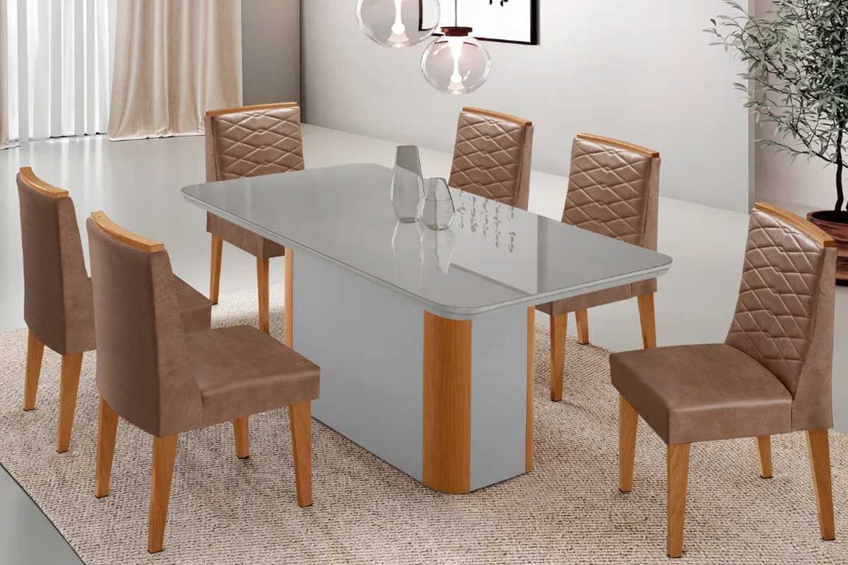 Sala Jantar Mesa Pietá c/ Tampo Madeirado c/ Vidro Canto Curvo 180x90cm e 6 Cadeiras Maldivas - Rufato