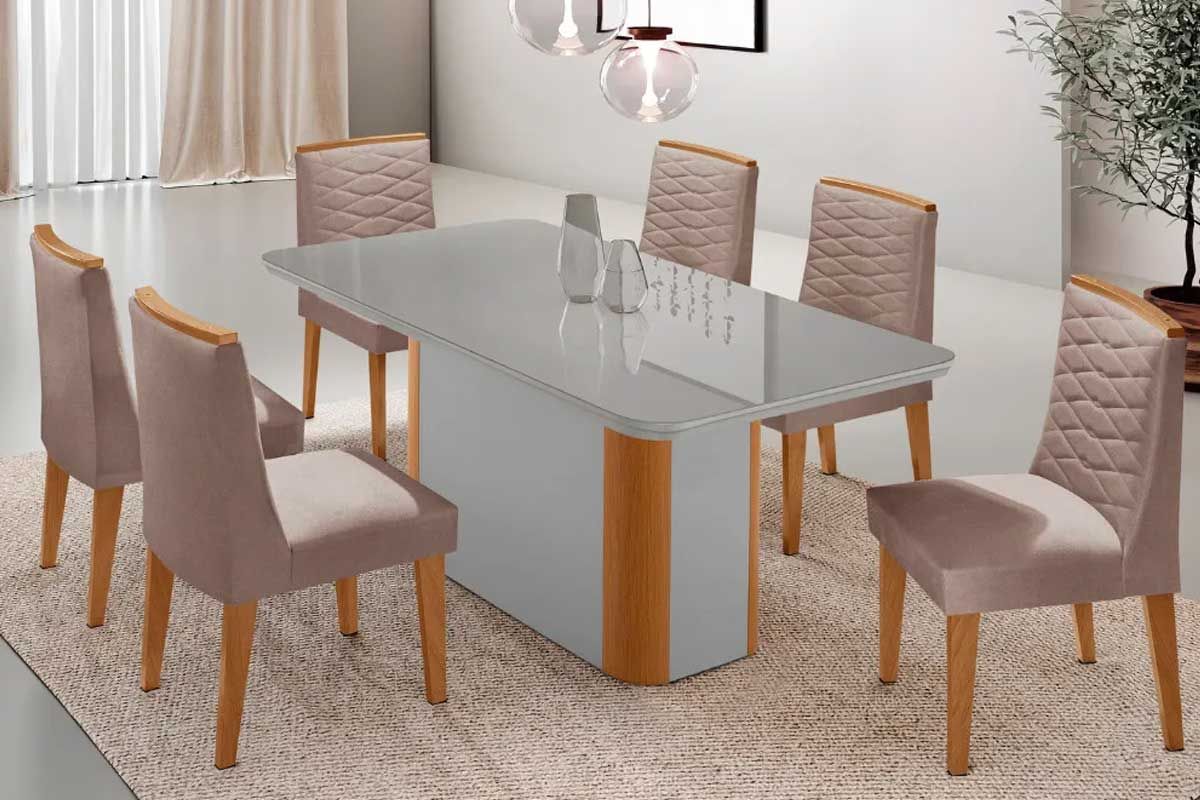 Sala Jantar Mesa Pietá c/ Tampo Madeirado c/ Vidro Canto Curvo 180x90cm e 6 Cadeiras Maldivas - Rufato