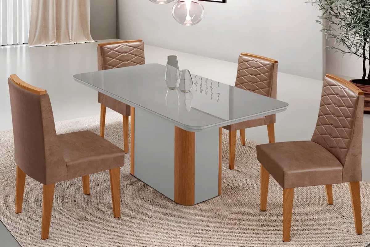 Sala Jantar Mesa Pietá Tampo c/ Vidro Curvo 120cm+4 Cadeiras Maldivas - Rufato