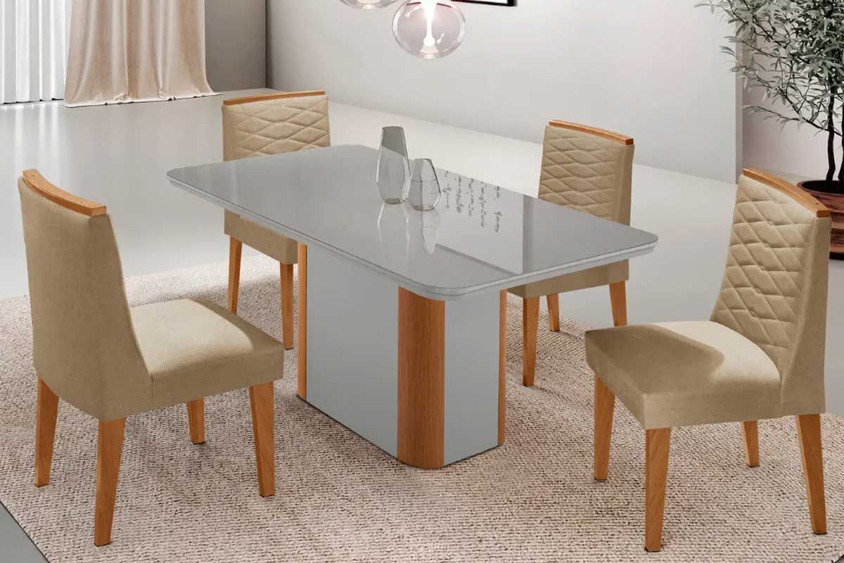 Sala Jantar Mesa Pietá Tampo c/ Vidro Curvo 120cm+4 Cadeiras Maldivas - Rufato