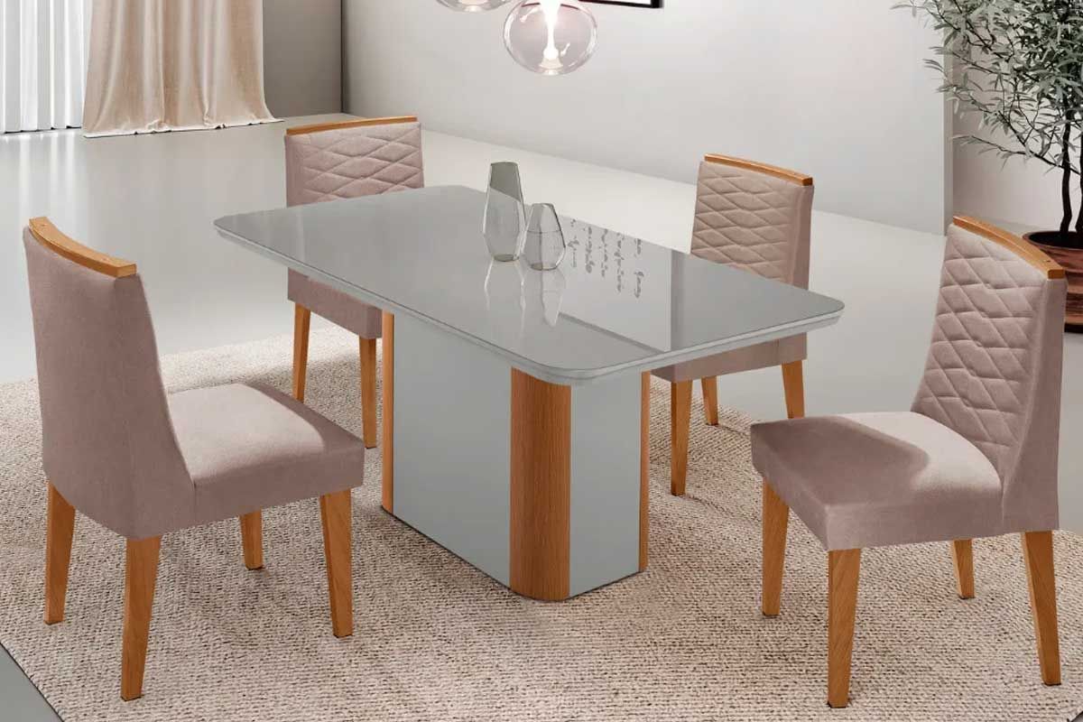Sala Jantar Mesa Pietá Tampo c/ Vidro Curvo 120cm+4 Cadeiras Maldivas - Rufato