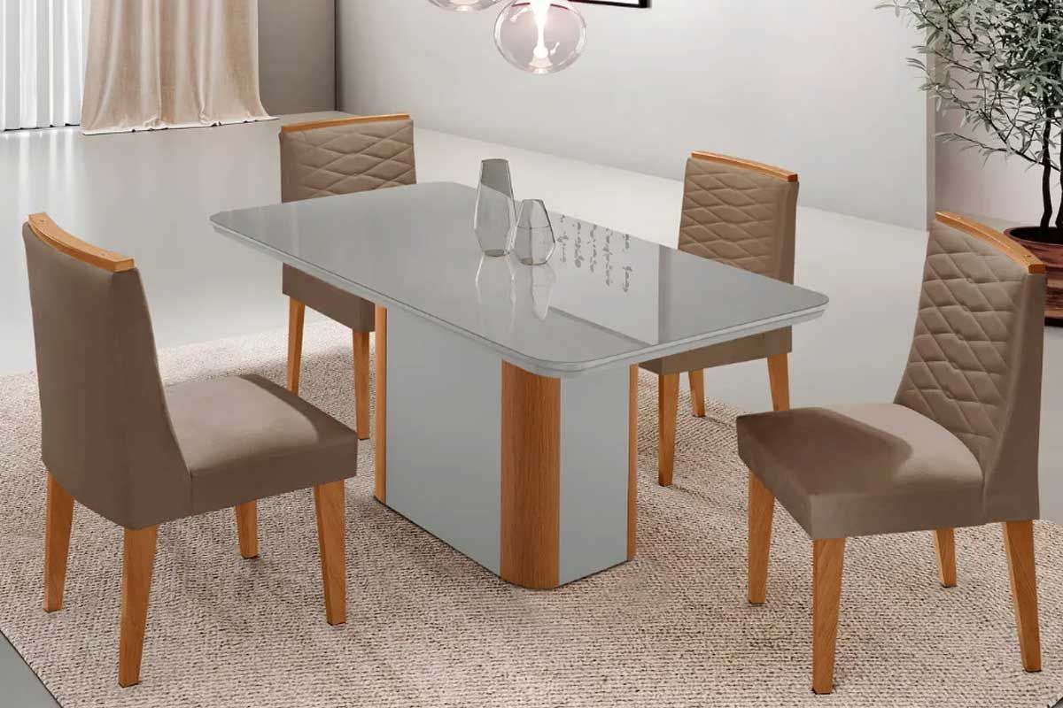 Sala Jantar Mesa Pietá Tampo c/ Vidro Curvo 120cm+4 Cadeiras Maldivas - Rufato