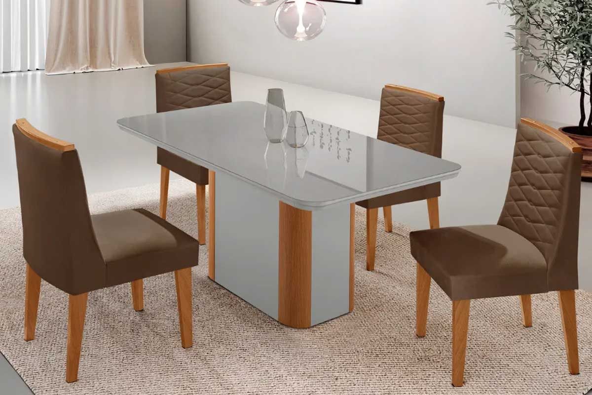 Sala Jantar Mesa Pietá Tampo c/ Vidro Curvo 120cm+4 Cadeiras Maldivas - Rufato