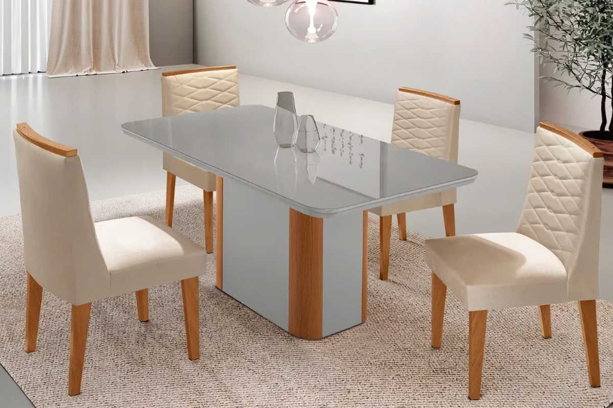Sala Jantar Mesa Pietá Tampo c/ Vidro Curvo 120cm+4 Cadeiras Maldivas - Rufato
