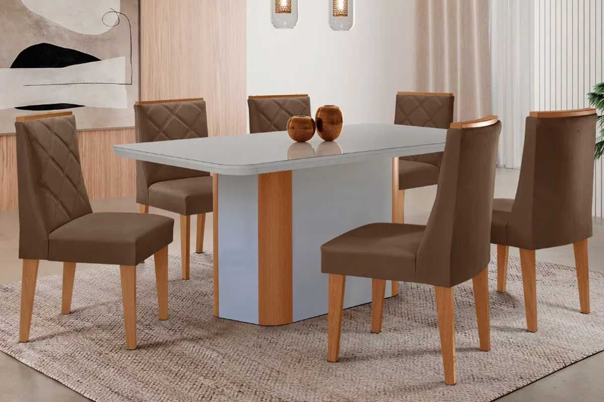 Sala Jantar Mesa Pietá Tampo c/ Vidro Curvo 180cm+6 Cadeiras Pietá - Rufato