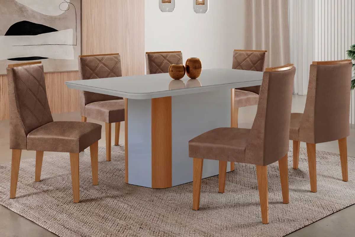 Sala Jantar Mesa Pietá Tampo c/ Vidro Curvo 180cm+6 Cadeiras Pietá - Rufato