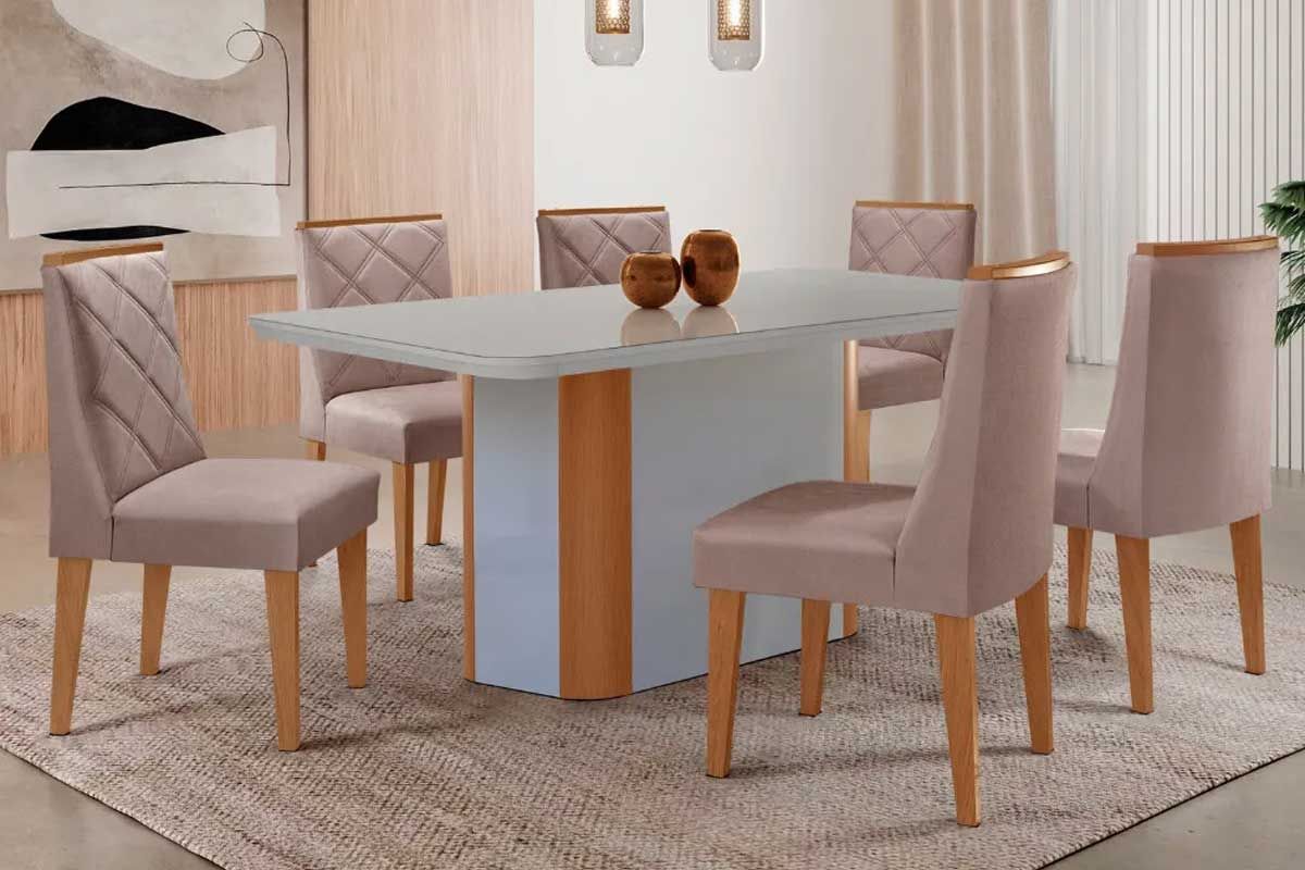 Sala Jantar Mesa Pietá Tampo c/ Vidro Curvo 180cm+6 Cadeiras Pietá - Rufato